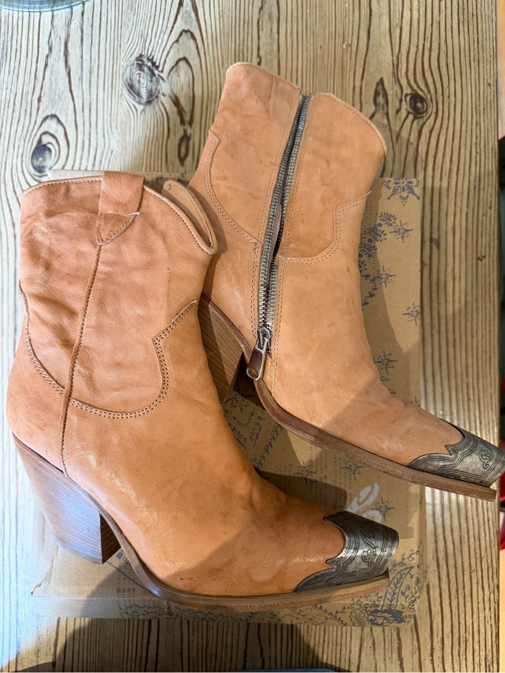 Free People Brayden Tan Leather Western Zip Ankle Boots with Metal-Toe Accent
